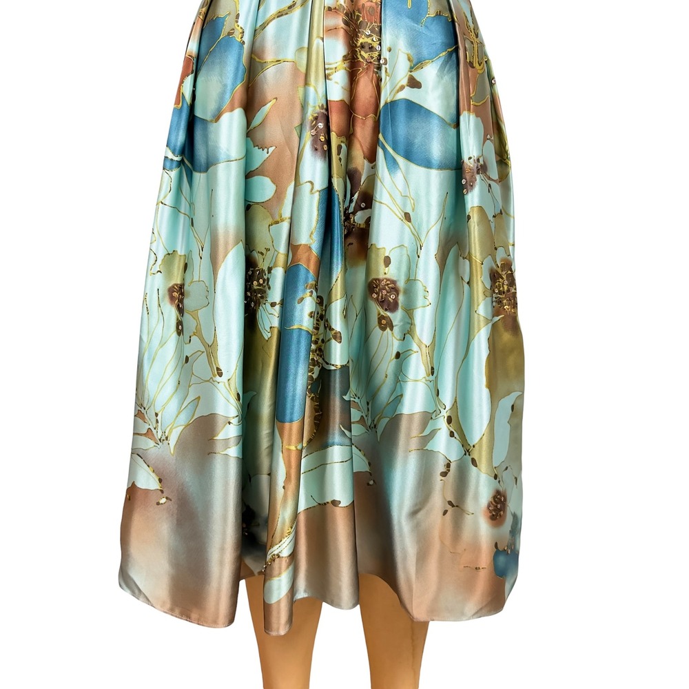 Y2K Teal Silk Floral Sequin Halter Midi A Line Dress Flowy Pleats Formal Size 8 - Picture 6 of 11